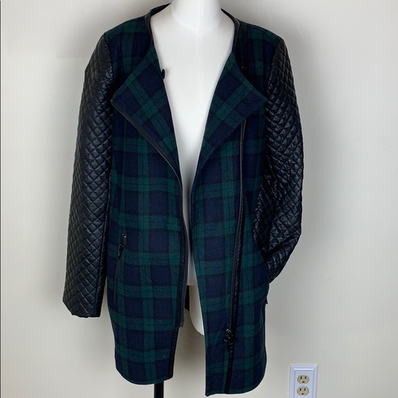 NWT WALTER BAKER 118 Sadie Blue Green Plaid Faux Leather Sleeve Coat MED - Picture 7 of 11